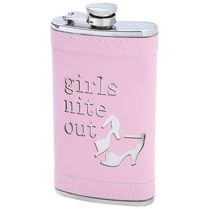 A stainless steel flask with a pink wrap holds six ounces